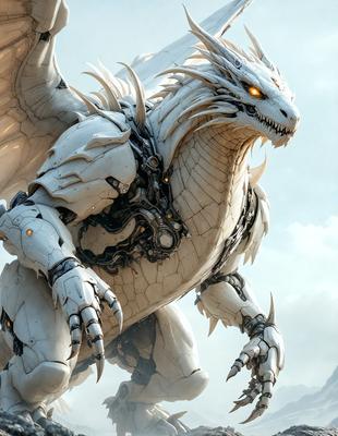 The primary subject of the image is a large white dragon with a mechanical appearance. It is standing on a rocky surface, possibly a mountain, with a cloudy sky in the background. The dragon has a mix of mechanical and organic elements, giving it a unique and intriguing look. The visual style of the image is a combination of digital art and illustration, creating a captivating and imaginative scene. The colors and mood of the image are dark and dramatic, with the white dragon standing out